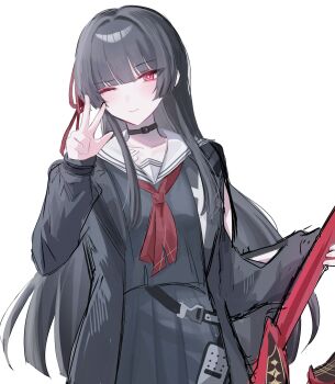 1girl arm_cutout black_choker black_hair black_jacket black_shirt black_skirt chisa_(wuthering_waves) choker closed_mouth clothing_cutout collarbone commentary_request hand_up highres holding holding_sword holding_weapon jacket long_hair looking_at_viewer mole mole_under_eye neckerchief one_eye_closed red_eyes red_neckerchief sailor_collar shirt simple_background skirt smile solo soyogi_nrso sword w weapon white_background white_sailor_collar wuthering_waves