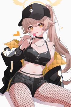1girl :p absurdres bandaid bandaid_on_cheek bandaid_on_face baseball_cap black_choker black_hat black_jacket black_nails black_shorts blonde_hair blue_archive breasts choker cleavage commentary crop_top earrings fishnet_pantyhose fishnets food hair_between_eyes hair_flaps halo hand_up hat hifumi_(blue_archive) high_ponytail highres holding holding_food holding_popsicle hoop_earrings jacket jewelry long_hair looking_at_viewer midriff nail_polish navel necklace pantyhose ponytail popsicle quilted_jacket short_shorts shorts shusuchii simple_background sitting small_breasts solo symbol-only_commentary tongue tongue_out two-sided_fabric two-sided_jacket very_long_hair white_background yellow_eyes yellow_halo yellow_jacket