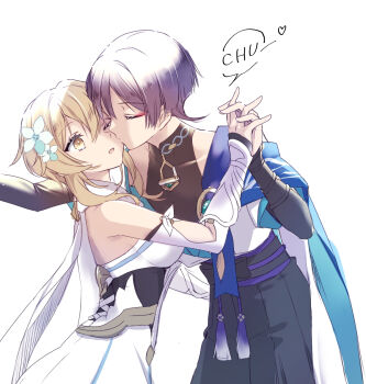 1boy 1girl arm_cutout armor ateliermineru bare_shoulders black_bodysuit black_corset blonde_hair blue_cape blue_flower blue_gemstone blue_kimono blue_sleeves blue_trim blunt_ends bodysuit bridal_gauntlets cape closed_eyes clothing_cutout corset covered_collarbone detached_sleeves dress eyelashes eyeliner eyeshadow feathers flower gem genshin_impact gold hair_between_eyes hair_flower hair_ornament han&#039;eri hand_up heart hetero highres holding_hands interlocked_fingers japanese_armor japanese_clothes kimono kiss kissing_cheek kote kurokote layered_kimono layered_sleeves lumine_(genshin_impact) makeup mandarin_collar multicolored_flower one_eye_closed open_clothes open_kimono purple_hair red_eyeliner red_eyeshadow scaramouche_(genshin_impact) scarf short_hair short_hair_with_long_locks short_sleeves shoulder_peek sidelocks sound_effects speech_bubble vambraces vision_(genshin_impact) wanderer_(genshin_impact) white_background white_dress white_flower white_kimono white_scarf white_sleeves white_trim yellow_eyes yellow_feathers