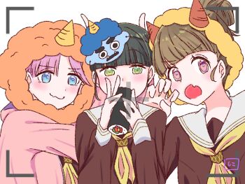 3girls anyoji_hime black_hair blue_eyes blunt_bangs brown_dress brown_hair commentary cone_horns dress ehoumaki fang food green_eyes hair_bun hashtag-only_commentary hasu_no_shousankaku hasu_no_sora_school_uniform highres holding holding_food hood hooded_jacket horns jacket kachimachi_kosuzu link!_like!_love_live! long_sleeves looking_at_viewer love_live! makizushi mask mask_on_head momose_ginko multiple_girls neckerchief nico_yoha_0 oni_mask open_clothes open_jacket open_mouth pink_eyes pink_hair pink_jacket sailor_collar sailor_dress school_uniform setsubun short_hair simple_background single_hair_bun skin_fang sushi viewfinder virtual_youtuber white_background white_sailor_collar winter_uniform yellow_neckerchief