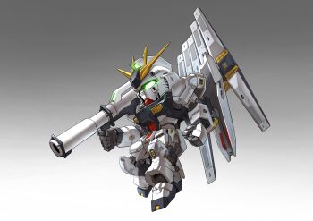 absurdres bazooka_(gundam) char&#039;s_counterattack chibi clenched_hand commentary fin_funnels full_body glowing glowing_eye gradient_background green_eyes gundam highres holding holding_weapon mecha mecha_focus mobile_suit no_humans nu_gundam robot science_fiction sd_gundam solo v-fin weapon zakuma
