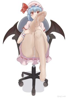 Rule 34 | 1girl, absurdres, andylove886, bat wings, blue hair, chair, commentary, commission, cum on legwear, english commentary, feet, foot focus, hat, hat ribbon, highres, looking at viewer, mixed-language commentary, mob cap, on chair, open mouth, panties, panties under pantyhose, pantyhose, pink hat, pink shirt, pink skirt, puffy short sleeves, puffy sleeves, red eyes, remilia scarlet, ribbon, see-through pantyhose, shirt, short sleeves, simple background, sitting, skirt, skirt set, solo, swivel chair, touhou, twitter username, underwear, white background, white panties, wings, wrist cuffs