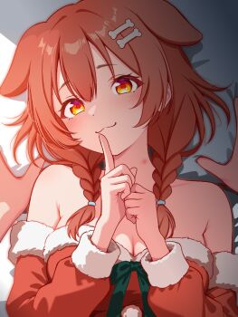 1girl 1other :3 braid breasts brown_eyes brown_hair cleavage commentary_request dress finger_to_mouth fur-trimmed_dress fur_trim highres hololive inugami_korone kamineko_(kamineko9675) looking_at_viewer medium_breasts red_dress santa_costume santa_dress smile twin_braids virtual_youtuber