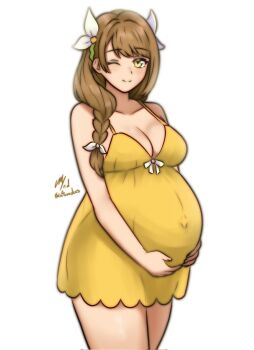 1girl ;) bare_arms bare_shoulders braid breasts brown_hair cleavage collarbone covered_navel cowboy_shot dress fire_emblem fire_emblem_engage goldmary_(fire_emblem) highres large_breasts looking_at_viewer nightgown nintendo one_eye_closed outie_navel pregnant rotomdocs short_dress side_braid signature simple_background smile solo spaghetti_strap thick_thighs thighs twitter_username white_background yellow_dress yellow_eyes yellow_nightgown