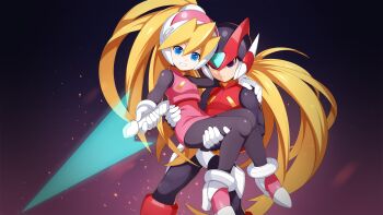 1boy 1girl absurdres armor black_background black_bodysuit black_eyes blonde_hair blue_eyes bodysuit breasts carrying ciel_(mega_man) cowboy_shot energy_sword gradient_background helmet high-waist_skirt highres holding holding_sword holding_weapon jwc_vevo long_hair mega_man_(series) mega_man_zero_(series) pink_shirt pink_skirt princess_carry red_armor red_helmet shirt simple_background skirt sword weapon z_saber zero(z)_(mega_man) zero_(mega_man)