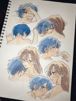 2girls aribezi bed_sheet between_breasts bishoujo_senshi_sailor_moon blue_hair blush breasts brown_hair earrings face_between_breasts finger_in_another&#039;s_mouth head_between_breasts highres jewelry kino_makoto licking licking_another&#039;s_neck long_hair mizuno_ami multiple_girls nude photo_(medium) saliva sheet_grab short_hair stud_earrings sweat traditional_media yuri