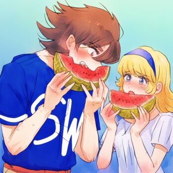 Rule 34 | 1girl, blonde hair, blue eyes, blue hairband, blue shirt, brown hair, couple, cyborg, cyborg 009, eating, food, francoise arnoul, fruit, hair over face, hair over one eye, hairband, highres, holding, holding food, holding fruit, holding watermelon, long eyelashes, long hair, sariokisu, shimamura joe, shirt, spiked hair, watermelon, white shirt