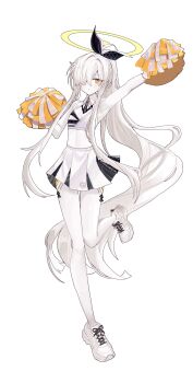 1girl absurdres arm_up armpits bare_shoulders blue_archive breasts cheerleader colored_skin commentary_request crop_top detached_collar facial_mark hair_over_one_eye hair_ribbon halo high-waist_skirt highres holding holding_pom_poms konattang long_hair long_sidelocks looking_at_viewer malkuth_(blue_archive) millennium_cheerleader_outfit_(blue_archive) miniskirt name_tag parted_lips pleated_skirt pom_pom_(cheerleading) pom_poms ponytail ribbon shoes sidelocks simple_background skirt small_breasts sneakers solo sports_bra standing standing_on_one_leg star_(symbol) star_facial_mark symbol-shaped_pupils thighs transparent_background two-tone_skirt two-tone_sports_bra very_long_hair white_hair white_shoes white_skirt x-shaped_pupils yellow_eyes yellow_halo
