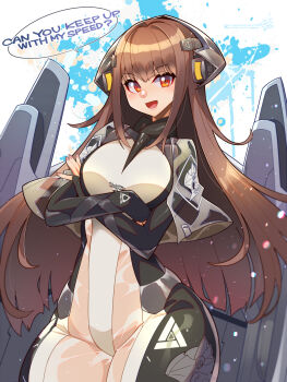Rule 34 | 1girl, :d, black sleeves, blush, bodysuit, breasts, brown hair, crossed arms, english text, groin, hair intakes, headgear, highres, jetpack, last origin, light particles, long hair, looking at viewer, medium breasts, open mouth, pixiv id, red eyes, see-through bodysuit, see-through clothes, signature, skin tight, sleipnir (last origin), smile, solo, speech bubble, splatter background, tongue, twitter username, umigarasu (kitsune1963), very long hair, wide hips