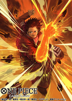 1boy ascot black_hair closed_mouth commentary_request copyright_name fire full_body high_collar long_coat male_focus mister_five_(one_piece) moopic official_art one_piece one_piece_card_game outdoors sleeves_rolled_up smoke solo sunglasses