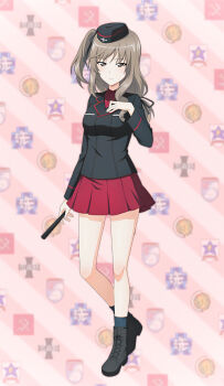 Rule 34 | black boots, boots, cosplay, folded fan, folding fan, girls und panzer, girls und panzer senshadou daisakusen!, hair ribbon, hand fan, hand on own chest, hat, highres, kuromorimine military uniform, logo, military hat, military uniform, official alternate costume, official art, red skirt, ribbon, shimada chiyo, side ponytail, skirt, standing