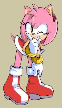Rule 34 | 1girl, amy rose, animal ears, animal nose, bare shoulders, body fur, boots, bracelet, dress, eyelashes, flat chest, full body, furry, furry female, gloves, green eyes, grin, hairband, hand up, happy, hedgehog, highres, index finger raised, jewelry, leaning forward, looking at viewer, one eye closed, pink fur, pink hair, randomguy9991, red dress, red hairband, short dress, short hair, sidelocks, sideways mouth, simple background, sleeveless, sleeveless dress, smile, solo, sonic (series), standing, tail, teeth, white gloves