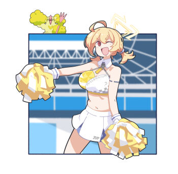 1girl absurdres ahoge blonde_hair blue_archive breasts cheerleader crossover gen_7_pokemon gloves halo highres holding holding_pom_poms kotori_(blue_archive) kotori_(cheer_squad)_(blue_archive) large_breasts millennium_cheerleader_outfit_(blue_archive) miniskirt muffin_top navel nintendo official_alternate_costume open_mouth oricorio oricorio_(pom-pom) plump pokemon pokemon_(creature) pom_pom_(cheerleading) pom_poms red_eyes short_twintails skirt smile sports_bra toucho3691 trait_connection triangle_halo twintails two-tone_sports_bra white_gloves white_skirt yellow_halo