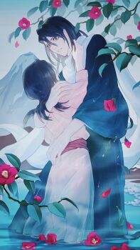 1boy 1girl antatica11 ass black_socks bleach commentary_request falling_petals flower fog height_difference highres husband_and_wife kuchiki_byakuya kuchiki_hisana long_hair mountain petals pink_robe robe see-through_clothes socks wading wet wide_sleeves