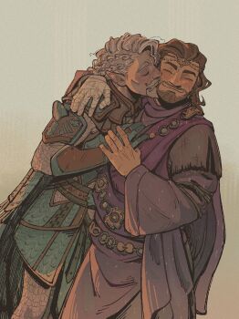 2boys beard brown_hair check_copyright connected_beard copyright_request couple diell facial_hair feet_out_of_frame full_beard gale_(baldur's_gate) grey_hair happy highres interracial kiss kissing_cheek leaning_on_person male_focus mature_male medium_hair multiple_boys oc_x_canon original pointy_ears profile robe smile standing tav_(baldur's_gate) thick_eyebrows volo_(sunclown) wavy_hair yaoi