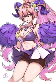 1girl alternate_costume bike_shorts bike_shorts_under_skirt black_shorts bow breasts cheerleader cleavage cleavage_cutout closed_mouth clothing_cutout commentary english_commentary feet_out_of_frame fire_emblem fire_emblem_heroes goat_horns gold_tiara gradient_eyes gradient_hair hair_between_eyes hair_bow hair_intakes hair_ornament hairclip high_ponytail highres horns large_breasts light_blush linea_alba long_hair looking_at_viewer miniskirt multicolored_eyes multicolored_hair multicolored_skirt nerthuz_(fire_emblem) nintendo pink_hair pleated_skirt pom_pom_(cheerleading) ponytail purple_eyes purple_hair purple_skirt rotomdocs shorts sidelocks signature simple_background skirt smile solo sportswear star_(symbol) star_hair_ornament tareme thighs tiara twitter_username very_long_hair white_background white_bow white_skirt wind wind_lift yellow_eyes