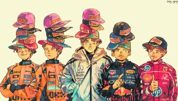 5boys baseball_cap black_eyes blue_eyes blue_racing_suit brown_hair charles_leclerc closed_eyes commentary crossed_arms english_commentary facial_hair ferrari formula_one george_russell grey_jacket hands_in_pockets hat hat_over_hat hewlett-packard highres hood hooded_jacket jacket lando_norris looking_at_another male_focus max_verstappen multiple_boys no_sclera one_eye_closed orange_racing_suit oscar_piastri pirelli racing_suit real_life red_bull red_racing_suit shell_(company) simple_background smile sog_goog tag_heuer thumbs_up yellow_background