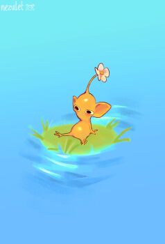 1other colored_skin flower flower_on_head full_body grass highres island nezulet nintendo on_grass other_focus pikmin_(creature) pikmin_(series) pointy_ears sitting water white_flower yellow_pikmin yellow_skin
