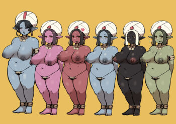 6+girls bindi black_genie_(siva-siva) black_skin blue_skin body_freckles breasts colored_skin earrings facial_mark forehead_mark freckles genie genie_(siva-siva) genie_mama_(siva-siva) gold_thong green_genie_(siva-siva) green_skin hoop_earrings jewelry jitome large_breasts multiple_girls navel neck_ring no_sclera nude original pink_skin plump pointy_ears purple_genie_(siva-siva) red_genie_(siva-siva) red_skin short_hair simple_background siva-siva turban white_turban yellow_background yellow_eyes