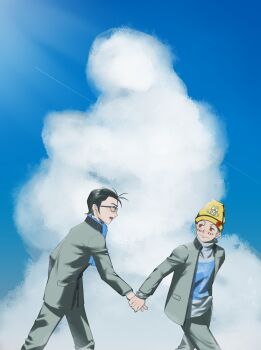 2boys ascot black_hair blue_ascot blue_sky blush brown_eyes catfish05 chinese_commentary closed_mouth cloud commentary_request glasses grey_hair grey_shirt hat highres holding_hands inaba_masao jacket looking_at_another male_focus multiple_boys nanjou_kei open_clothes open_jacket open_mouth pants persona persona_1 school_uniform shirt short_hair sky smile st._hermelin_school_uniform standing walking yaoi yellow_hat