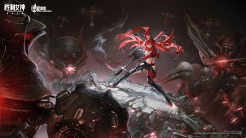 1girl absurdres ahoge antennae artist_request bikini black_bikini black_chaps black_gloves black_pants breasts chinese_commentary cleavage commentary_request cropped_jacket fighting gloves goddess_of_victory:_nikke guest_art gun hair_intakes highres holding holding_gun holding_weapon jacket large_breasts long_hair long_sleeves looking_at_viewer navel official_art pants parted_lips rapture_(nikke) red_hair red_hood_(nikke) red_jacket red_scarf rifle scarf second-party_source smile sniper_rifle solo standing swimsuit very_long_hair watermark weapon