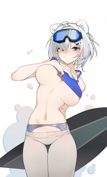 1girl animal_ears arknights arknights:_endfield aurora_(arknights) bear_ears blue_eyes breasts commentary_request cowboy_shot eyewear_on_head goggles goggles_on_head hair_between_eyes highres inniyik large_breasts looking_at_viewer medium_breasts navel short_hair simple_background ski_goggles snowshine_(arknights) solo standing underboob white_background white_hair