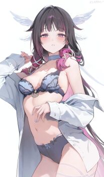 2sham bra breasts columbina_(genshin_impact) genshin_impact head_wings long_hair navel panties shirt sleeves_past_wrists small_breasts underwear very_long_hair wings