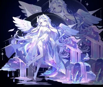 Rule 34 | 1girl, arm strap, ayatsuno yuni, black background, breasts, cleavage, closed mouth, collarbone, commentary request, crescent, feathered wings, full body, head wings, high-low skirt, highres, horse tail, iridescent clothes, iridescent hair, korean commentary, long hair, navel, planet, purple eyes, shawl, skirt, solo, star (sky), stellive, tail, thigh strap, umji 11, unicorn girl, unicorn horn, virtual youtuber, water, waterfall, white hair, white shawl, white skirt, wings, zoom layer