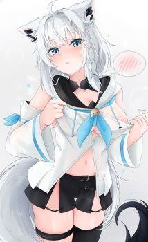 1girl absurdres animal_ears bare_shoulders black_choker black_hair black_shorts blue_eyes blush braid breasts choker clothes_pull detached_sleeves fox_ears highres hololive large_breasts long_hair looking_at_viewer multicolored_hair navel shirakami_fubuki shirt shirt_pull short_shorts shorts side_braid single_thighhigh smile solo st-147 thigh_strap thighhighs white_hair white_shirt