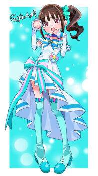 1girl :o aqua_background aqua_boots aqua_bow aqua_scrunchie aqua_theme arm_warmers artist_name bare_shoulders blue_bow blue_choker blunt_bangs blush boots border bow brooch bubble_background chest_bow choker clenched_hands commentary cosplay cure_lillian cure_lillian_(cosplay) dress dress_bow embarrassed frilled_arm_warmers frilled_dress frills full_body furrowed_brow gya-tei hair_ornament hair_scrunchie hands_up heart heart_brooch highres jewelry long_hair looking_at_viewer magical_girl medium_dress multicolored_bow nekoyashiki_mayu off-shoulder_dress off_shoulder open_mouth pact_holder paw_pose pigeon-toed pink_eyes ponytail pouch precure scrunchie self_cosplay shiny_cats_pact side_ponytail solo standing striped_bow thigh_boots thighhighs wavy_mouth white_arm_warmers white_border white_dress wonderful_precure! zettai_ryouiki