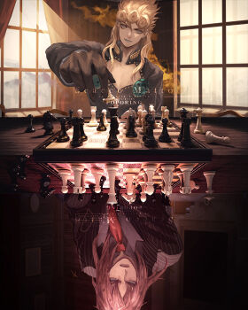 Rule 34 | 2boys, alternate hairstyle, bishop (chess), black gloves, black jacket, blonde hair, board game, chess, chess piece, chessboard, cleavage cutout, clothing cutout, commentary request, diavolo, english text, formal clothes, giorno giovanna, gloves, green lips, grey eyes, high collar, indoors, italian text, jacket, jojo no kimyou na bouken, knight (chess), kom (water0371), ladybug ornament, long hair, long sleeves, looking at viewer, makeup, male focus, multiple boys, necktie, official alternate costume, pawn (chess), pectoral cleavage, pectorals, pink hair, playing chess, queen (chess), red necktie, rook (chess), suit, translation request, upside-down, vento aureo, window, wing ornament
