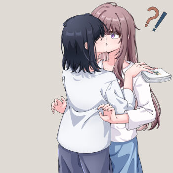 Rule 34 | !?, 2girls, adachi sakura, adachi to shimamura, black hair, black pants, blue skirt, book, brown hair, closed eyes, commentary request, grey background, hand on another's shoulder, highres, holding, holding book, kiss, long hair, medium hair, miyagi shiori, multiple girls, pants, parted lips, purple eyes, sendai hazuki, shimamura hougetsu, shirt, shuuniichido classmate wo kau hanashi, simple background, skirt, surprise kiss, surprised, teng xia53256, white shirt, yuri, yuri (object)