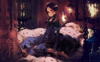 1girl barefoot bdsm bed bindi bird birdcage black_hair bondage bound cage chain choker crown cuffs dress female_focus goth_fashion highres kaya_xavier littlewitch long_hair on_bed ooyari_ashito shackles shoujo_mahou_gaku_littlewitch_romanesque sitting solo wariza