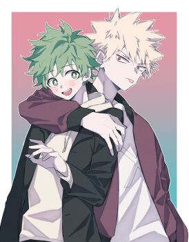 2boys arm_around_neck bakugou_katsuki black_jacket blonde_hair boku_no_hero_academia border commentary_request cowboy_shot green_eyes green_hair highres jacket looking_to_the_side male_focus midoriya_izuku multiple_boys open_clothes open_jacket open_mouth outside_border parted_bangs purple_jacket red_eyes shirt sideways_glance smile spiked_hair teeth tongue tongue_out umsr6210 upper_teeth_only white_border white_shirt