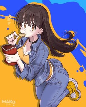 1girl bag bag_of_chips big_sister_(navigavi) black_choker blue_background blue_jacket blue_pants borrowed_character breasts brown_eyes brown_hair chips_(food) choker cleavage commentary commentary_request denim denim_jacket english_commentary food food_in_mouth full_body highres holding holding_bag jacket jeans kurimako large_breasts long_hair long_sleeves looking_at_viewer mixed-language_commentary notice_lines open_clothes open_jacket original pants shirt shoes solo two-tone_background wispy_bangs yellow_background yellow_shirt yellow_shoes
