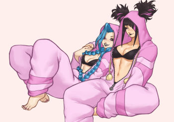 arm_around_shoulder barefoot black_hair blue_hair breasts candy cleavage commentary crossover english_commentary food hair_over_one_eye han_juri highres holding_hands jinx_(league_of_legends) league_of_legends lollipop multicolored_hair nire_(nirefuster) onesie pink_eyes simple_background smile street_fighter two-tone_hair zipper