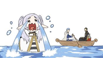 1girl 3boys armor beard blue_hair boat capelet closed_eyes commentary crying eisen_(sousou_no_frieren) elf english_commentary faceless faceless_male facial_hair fake_horns frieren grey_cloak grey_hair heiter helmet himmel_(sousou_no_frieren) horned_helmet horns long_hair long_sleeves multiple_boys open_mouth partially_submerged pointy_ears rowboat shirt short_hair shoulder_armor simple_background sousou_no_frieren streaming_tears striped_clothes striped_shirt tears thick_eyebrows tongue twintails wanderjegson water watercraft wavy_mouth white_background white_capelet