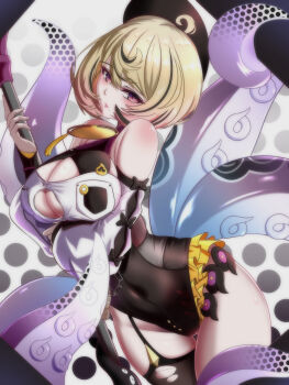 1girl absurdres accessories asymmetrical_shorts blonde_hair breasts covered_navel hat high-waist_shorts highres holding holding_weapon kappaako medallion mole mole_under_mouth monster_girl octopus purple_eyes short_hair shorts single_thighhigh solo spiral sticker sweat tentacle_tail tentacles thighhighs weapon yidhari_murphy zenless_zone_zero