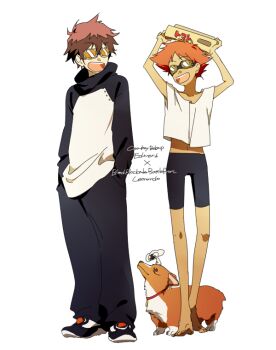 1990s_(style) 1boy 1girl :d arms_up barefoot bike_shorts black_pants brown_hair character_name collarbone copyright_name cowboy_bebop crossover dark_skin dog edward_wong_hau_pepelu_tivrusky_iv ein_(cowboy_bebop) eyebrows full_body goggles hair_between_eyes hands_in_pockets holding kekkai_sensen leonardo_watch long_sleeves looking_at_another midriff monkey navel open_mouth pants red_hair retro_artstyle reverse_trap shoes short_hair smile sonic_speed_monkey sorakura_shikiji standing teeth turtleneck welsh_corgi white_background