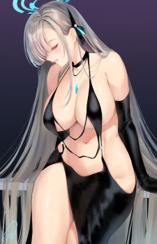 1girl alternate_costume artist_logo asuna_(blue_archive) bare_legs bare_shoulders black_dress black_gloves blonde_hair blue_archive blush breasts cleavage closed_eyes collarbone commentary_request covered_navel dark_background dress elbow_gloves eyelashes gloves groin hair_behind_ear hair_ribbon halo halter_dress halterneck hands_on_table highres jewelry large_breasts layered_dress logo long_hair looking_down necklace no_halo obiwan plunging_neckline profile revealing_clothes revision ribbon see-through_clothes see-through_dress_layer side_slit simple_background sitting sitting_on_table sleeveless sleeveless_dress smile solo table thick_thighs thighs very_long_hair weisuoxin wide_hips