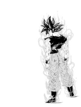 1boy aura boots dragon_ball dragon_ball_super fenyon from_behind full_body greyscale halftone highres male_focus monochrome muscular muscular_male pants shirt simple_background solo son_goku spiked_hair torn_clothes torn_shirt ultra_instinct_sign white_background
