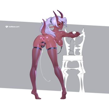 1futa anal anus bent_over black_sclera breasts chastity_cage colored_sclera dark_skin demon_girl dildo futa_without_pussy futanari glowing glowing_eyes highres long_hair medium_breasts nipple_piercing nipples original piercing ponytail sex_toy short_tail small_penis solo suction_cup_dildo tail tailbox testicles white_hair yellow_eyes