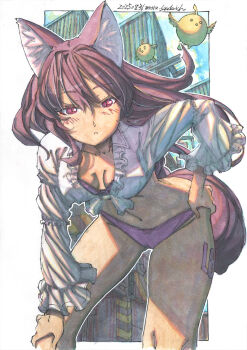 1girl animal_ears baby_animal bird border bra bra_peek breasts brown_hair building cameltoe chick commentary_request dated fox_ears fox_girl fox_tail frilled_shirt_collar frilled_sleeves frills from_below hair_between_eyes hand_on_own_hip hand_on_own_knee highres industrial leaning_forward long_hair looking_at_viewer making-of_available marker_(medium) medium_breasts meiz number_tattoo original outdoors outline painting_(medium) panties pink_panties red_eyes scenery shikishi shirt signature solo tail tattoo tied_shirt traditional_media underwear watercolor_(medium) white_border white_outline white_shirt wide_hips