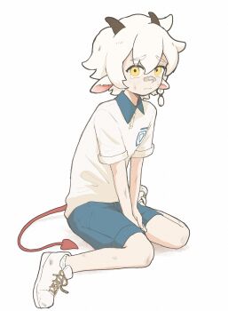 1boy absurdres all_saints_street animal_ears bandaid bandaid_on_face bandaid_on_nose blue_shorts blush closed_mouth collared_shirt commentary_request crying crying_with_eyes_open demon_tail double-parted_bangs goat_boy goat_ears goat_horns hair_between_eyes highres horns looking_at_viewer male_focus neil_bowman rami_1300 shirt shoes short_hair shorts simple_background sitting sneakers socks solo tail tears v_arms wariza white_background white_shirt white_shoes white_socks yellow_eyes