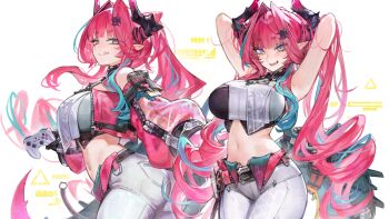 1girl absurdres arknights arknights:_endfield armpits arms_behind_head arms_up bare_shoulders belt blue_eyes blue_hair commentary controller crop_top game_controller hair_ornament highres holding holding_controller holding_game_controller horns long_hair looking_at_viewer lucadark_art multicolored_hair multiple_views navel open_mouth pants pointy_ears red_hair sidelocks smile tail tongue tongue_out twintails very_long_hair white_background yvonne_(arknights)