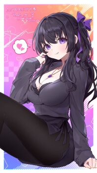 1girl absurdres black_hair black_haired_girl_(asymmetry) black_pantyhose black_skirt breasts cleavage collared_shirt commentary_request commission grey_shirt hair_ribbon heart highres jewelry large_breasts licking_lips long_hair long_sleeves looking_at_viewer necklace original pantyhose purple_eyes purple_ribbon ribbon shirt side_ponytail sitting skeb_commission skirt solo spoken_heart tennensui_(midorinokaibutu4500) tongue tongue_out