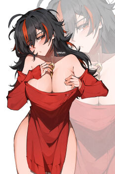 1girl absurdres alternate_costume alternate_hairstyle between_breasts black_hair blush breasts cosplay dagger highres knife large_breasts long_hair long_sleeves looking_at_viewer messy_hair multicolored_hair off-shoulder_sweater off_shoulder parted_lips red_eyes red_sweater solo spy_x_family streaked_hair sweater weapon white_background wokiiarts yor_briar yor_briar_(cosplay) zenless_zone_zero zhu_yuan zoom_layer