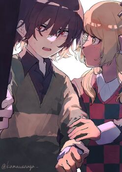 1girl 1other black_shirt blonde_hair brown_hair checkered_sweater_vest collared_shirt commentary_request deltarune green_sweater holding_another&#039;s_arm kamawanuga kris_(deltarune) long_hair noelle_holiday open_mouth red_eyes red_sweater_vest shirt short_hair signature single_horizontal_stripe striped_clothes striped_sweater sweater sweater_vest utdr_(toby_fox)