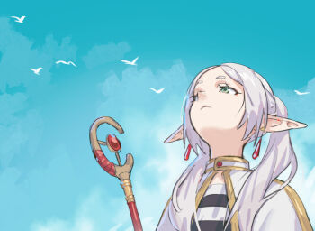 1girl bird blue_sky capelet cloud commentary earrings elf english_commentary frieren green_eyes grey_hair hair_over_shoulder head_back jewelry light_frown long_hair long_pointy_ears looking_up mage_staff maplesights outdoors parted_bangs pointy_ears shirt sky solo sousou_no_frieren staff striped_clothes striped_shirt teardrop_earrings twintails upper_body upward_angle_frieren_drawing white_capelet