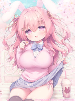 1girl animal_ears bench black_thighhighs blue_bow blue_skirt blush bow breasts carrot_hair_ornament cherry_blossoms clothes_lift collared_shirt cup disposable_cup flower food-themed_hair_ornament hair_between_eyes hair_ornament hair_ribbon large_breasts long_hair long_sleeves looking_at_viewer on_bench open_mouth original outdoors panties park_bench petals pink_eyes pink_panties pink_sweater purple_eyes ribbon sakura_(usashiro_mani) shirt sitting skirt skirt_lift smile solo sweater thighhighs underwear usashiro_mani very_long_hair white_shirt